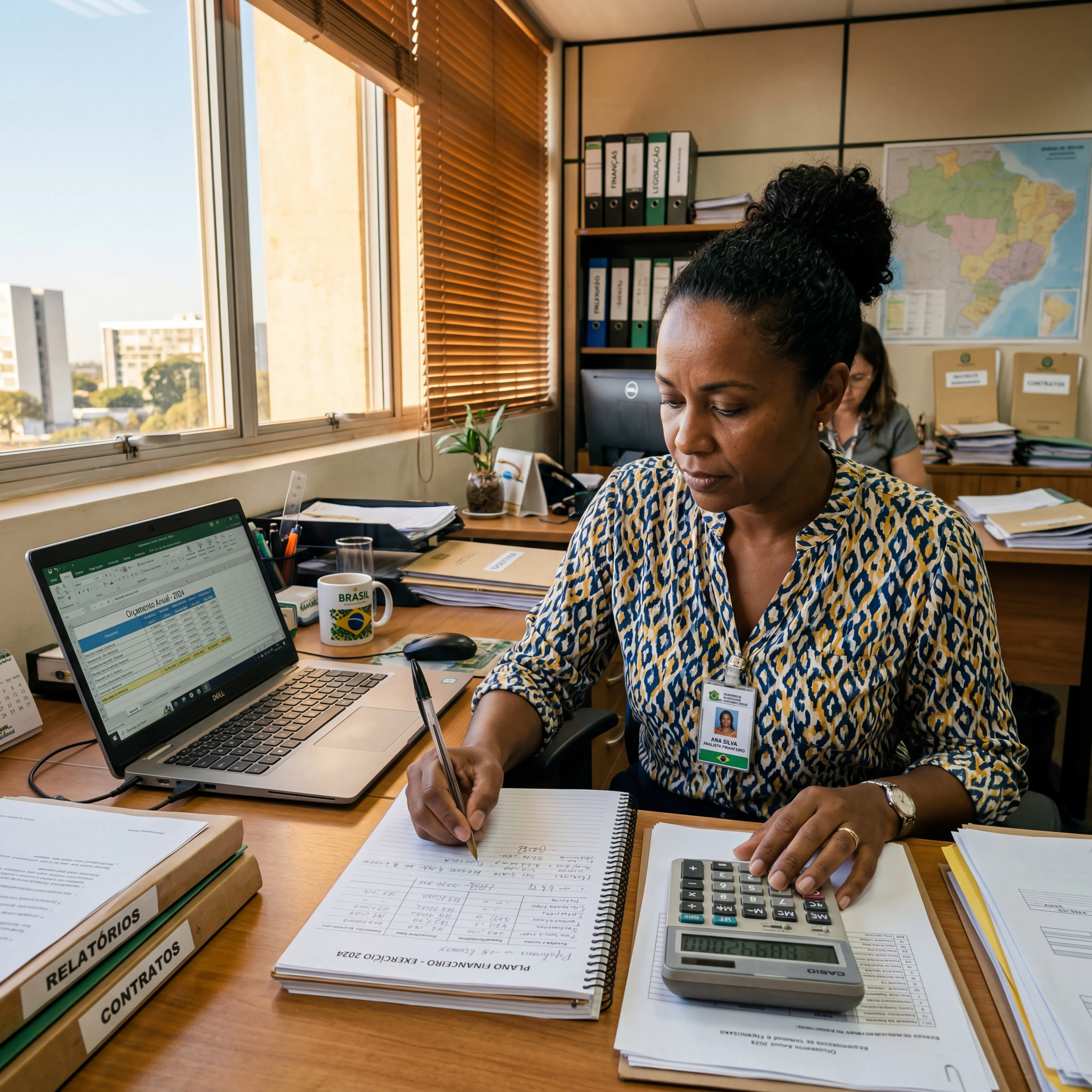 Servidor público analisando contracheque — postura de exame, ambiente sóbrio